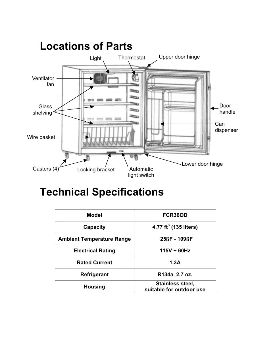 Locations of parts technical specifications | Franklin Industries, L.L.C. FCR36OD User Manual | Page 5 / 25