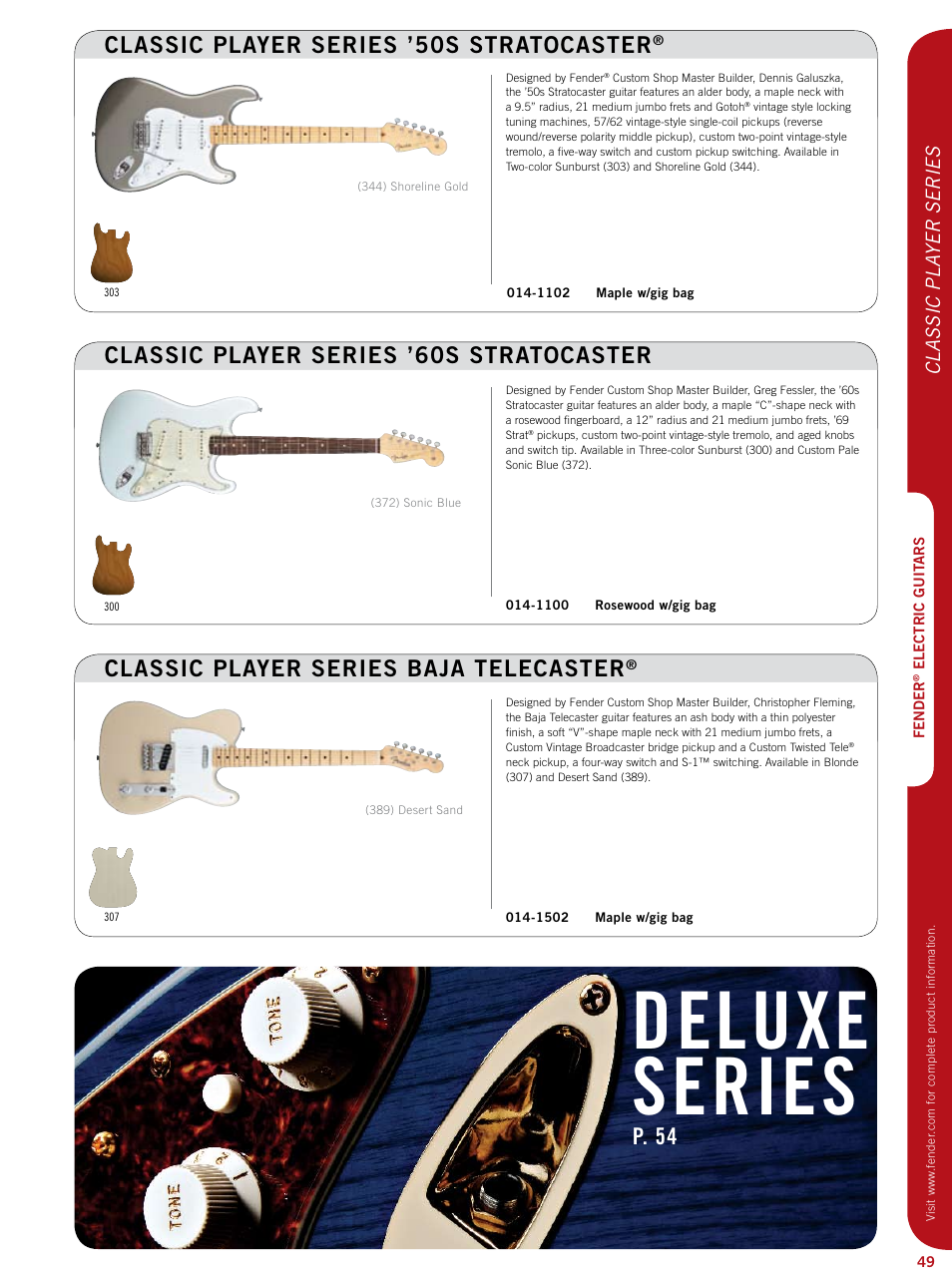 Deluxe series, Classic player series baja telecaster, Classic player series ’60s stratocaster | Classic player series ’50s stratocaster, P. 54, Classic pla yer series | Fender Artist series StratoCaster User Manual | Page 14 / 24
