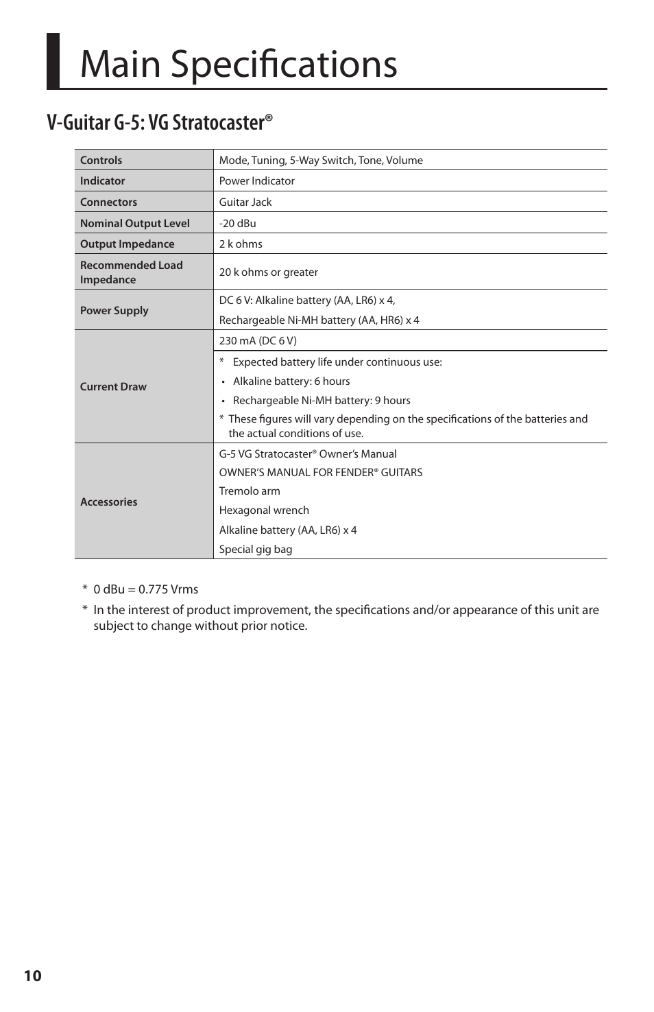 Main specifications, V-guitar g-5: vg stratocaster | Fender Roland G-5 VG Stratocaster User Manual | Page 10 / 18