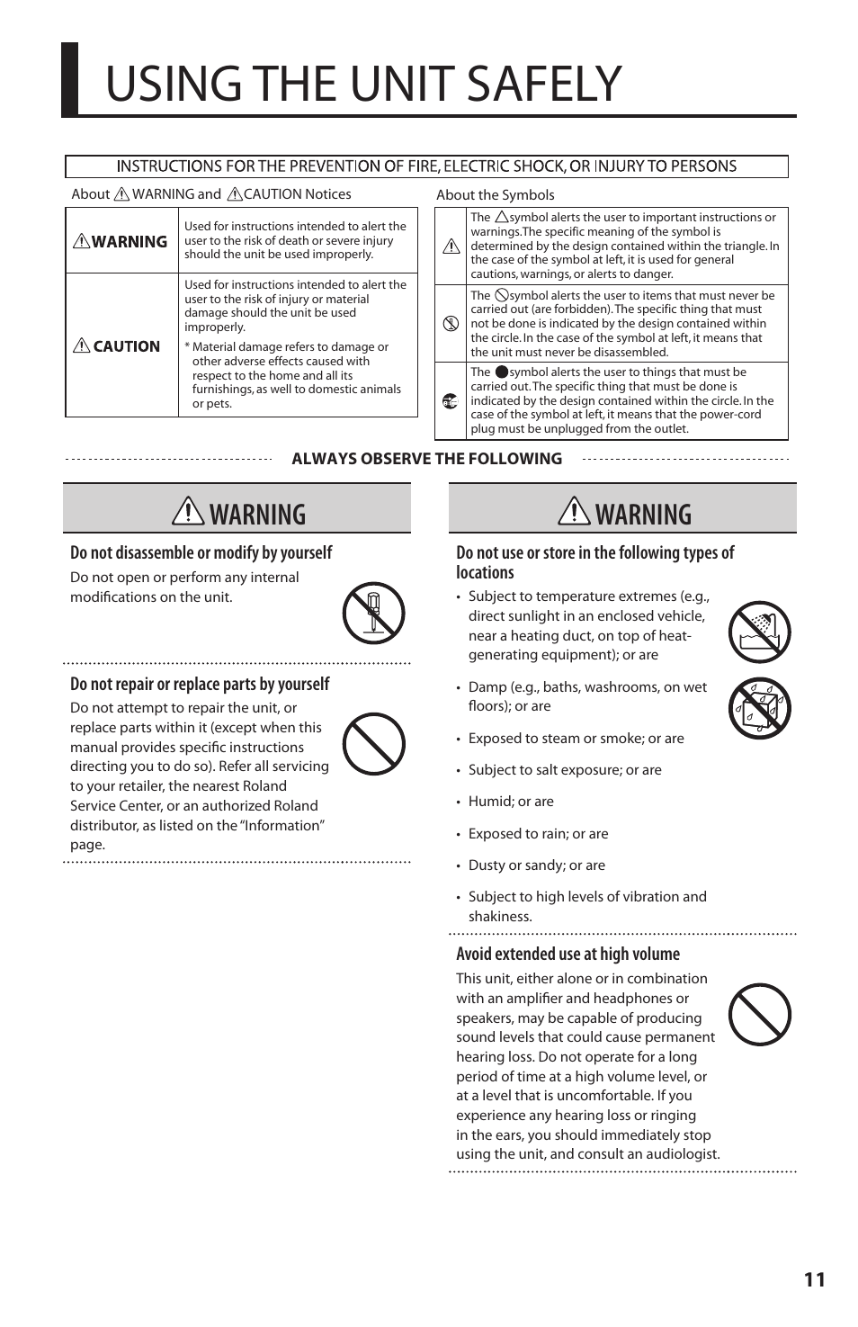 Using the unit safely, Warning | Fender Roland G-5 VG Stratocaster User Manual | Page 11 / 18