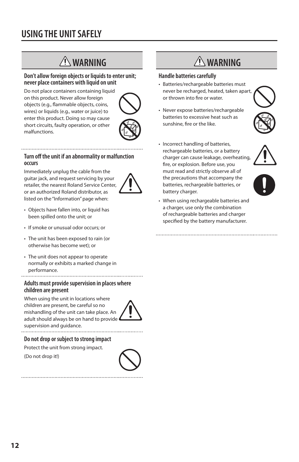 Using the unit safely, Warning | Fender Roland G-5 VG Stratocaster User Manual | Page 12 / 18