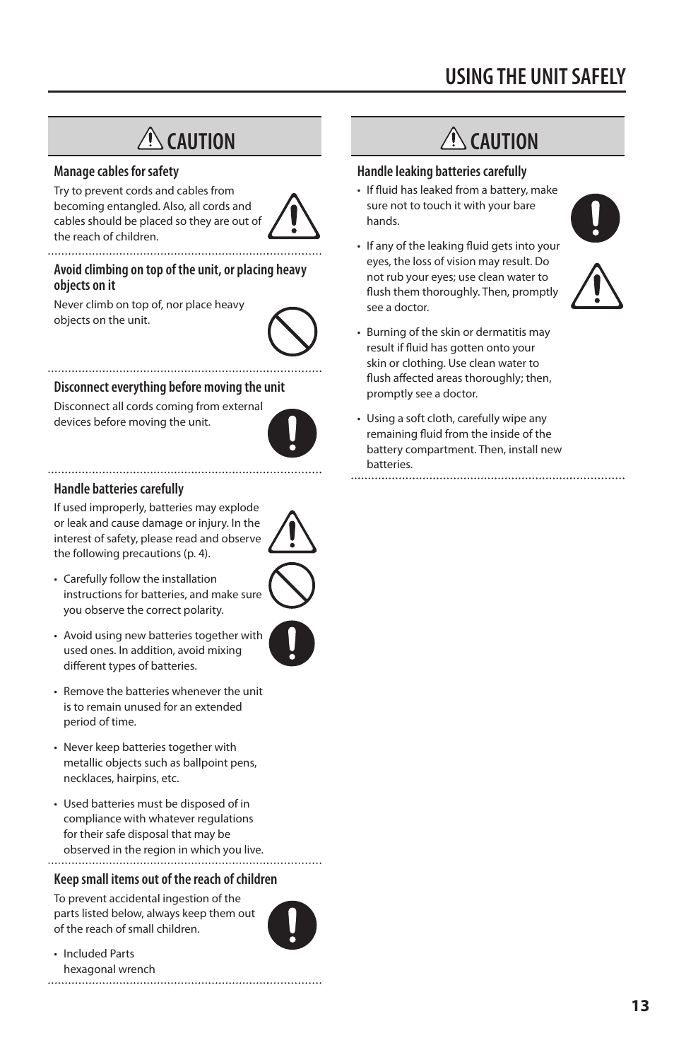 Using the unit safely, Caution | Fender Roland G-5 VG Stratocaster User Manual | Page 13 / 18