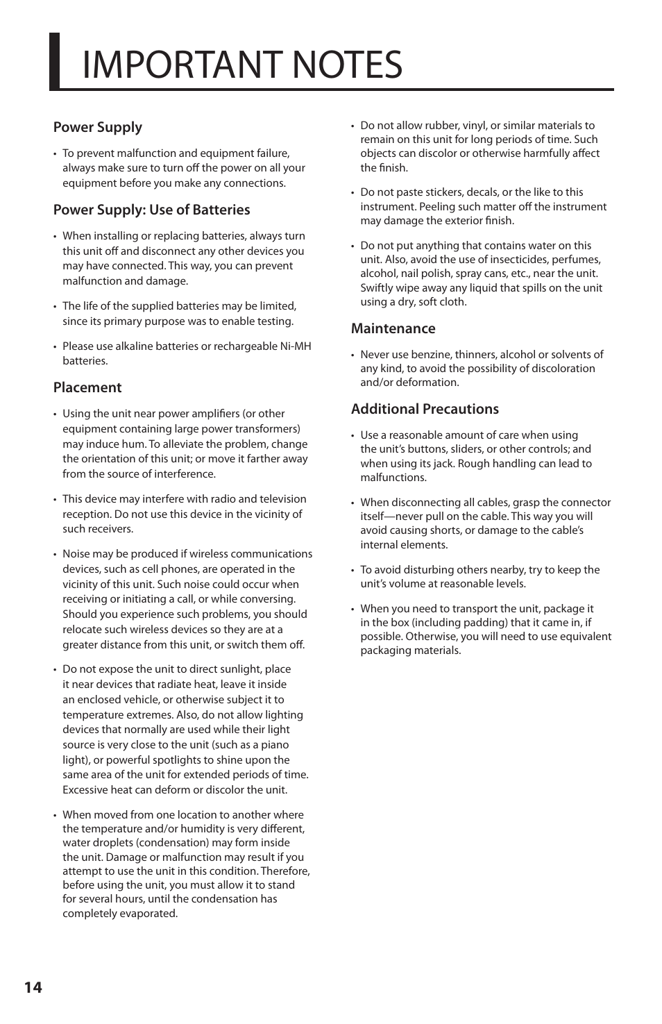 Important notes, Power supply, Power supply: use of batteries | Placement, Maintenance, Additional precautions | Fender Roland G-5 VG Stratocaster User Manual | Page 14 / 18