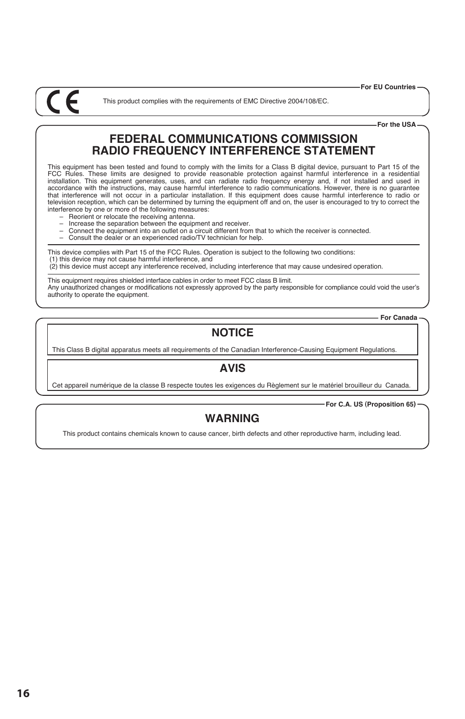 Notice avis, Warning | Fender Roland G-5 VG Stratocaster User Manual | Page 16 / 18