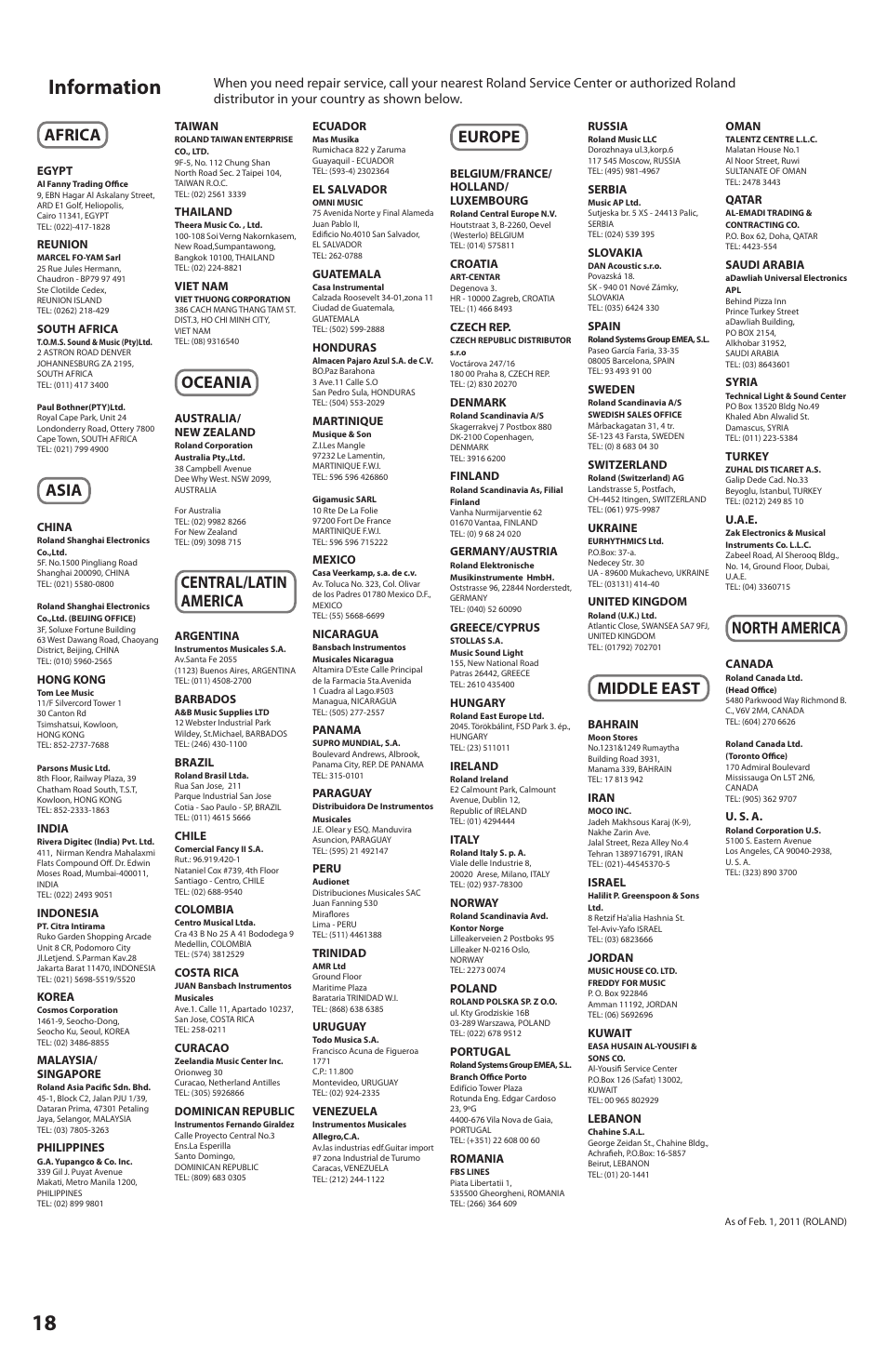 Information, Africa, Asia | Oceania, Central/latin america, Europe, Middle east, North america | Fender Roland G-5 VG Stratocaster User Manual | Page 18 / 18
