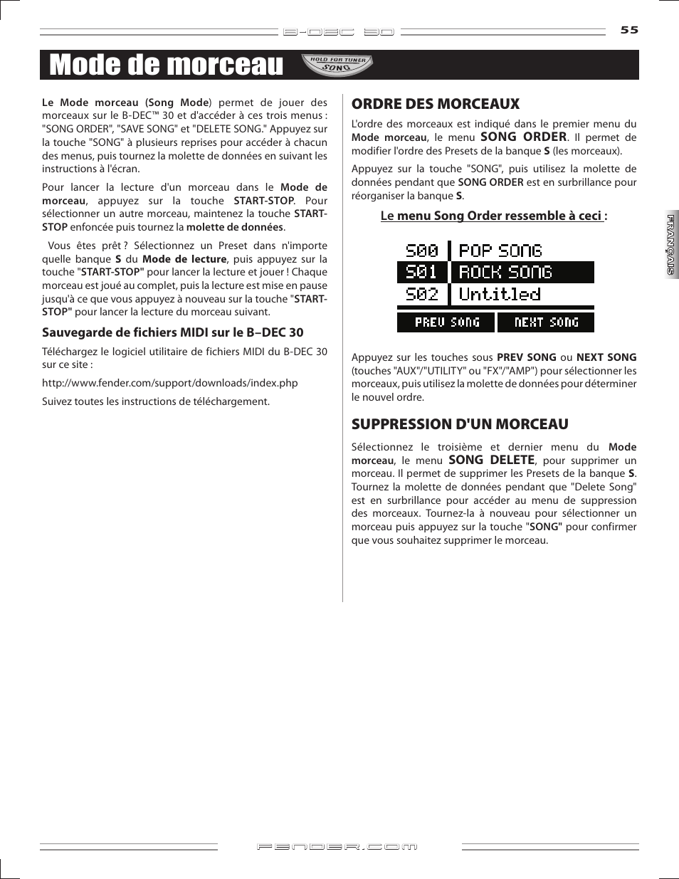 Mode de morceau, Ordre des morceaux, Suppression d'un morceau | Fender B-DEC 30 User Manual | Page 55 / 156