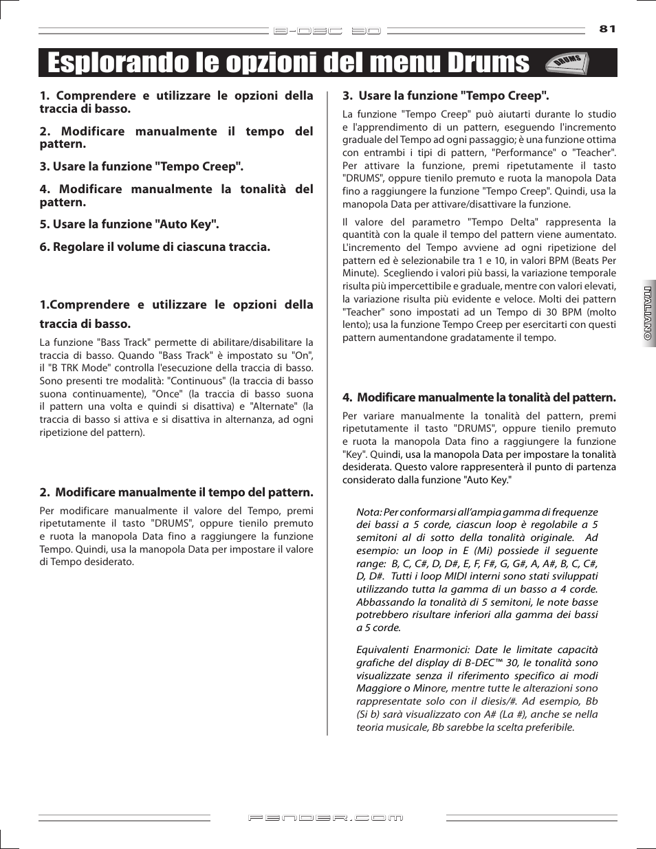 Esplorando le opzioni del menu drums | Fender B-DEC 30 User Manual | Page 81 / 156