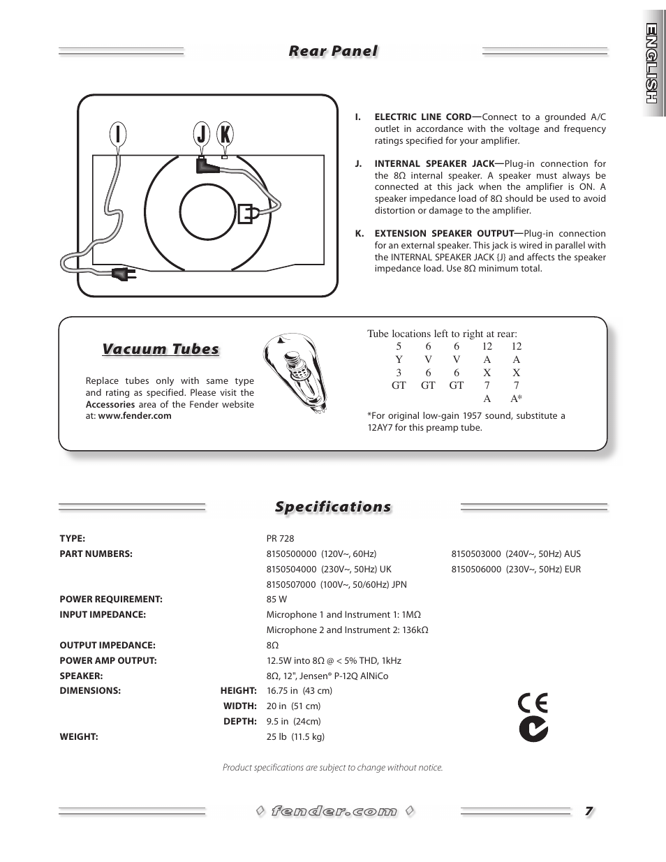 Rear panel specifications, Vacuum tubes | Fender 57 Deluxe Amp User Manual | Page 7 / 20