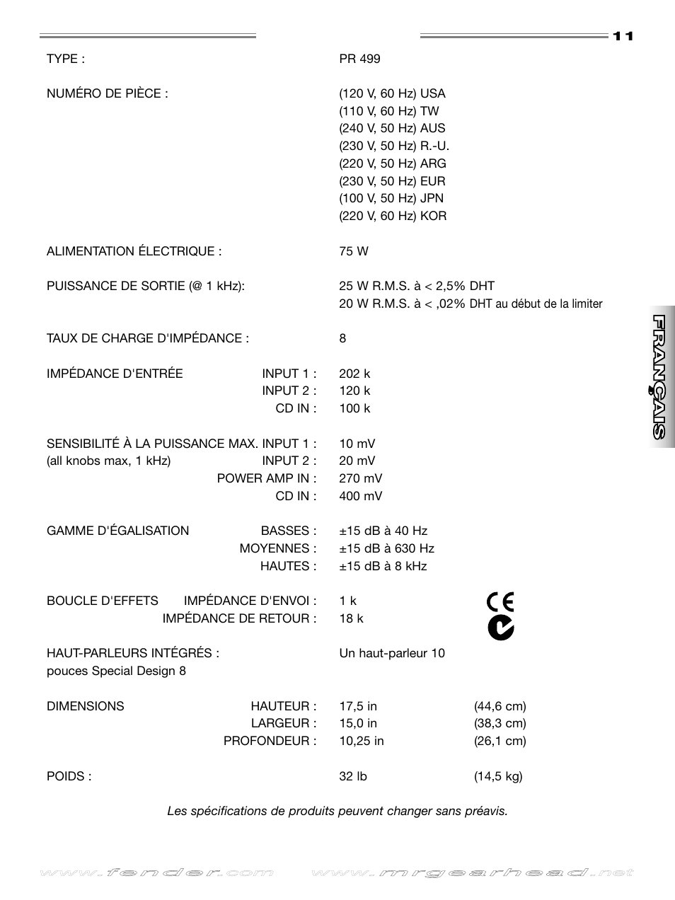 Spécifications, English, English esp añol esp añol | It aliano it aliano deutsch deutsch | Fender Rumble 25 User Manual | Page 11 / 20