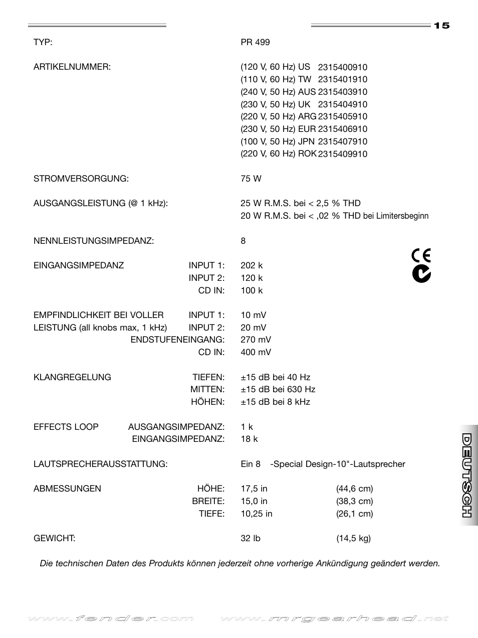 Technische daten echnische daten, English, English esp añol esp añol | It aliano it aliano deutsch deutsch | Fender Rumble 25 User Manual | Page 15 / 20