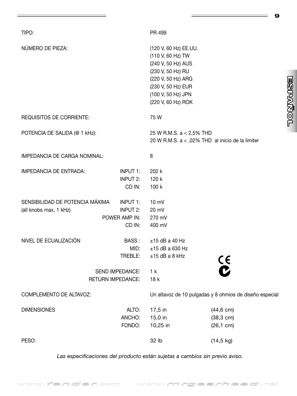 Especificaciones, English, English esp añol esp añol | It aliano it aliano deutsch deutsch | Fender Rumble 25 User Manual | Page 9 / 20