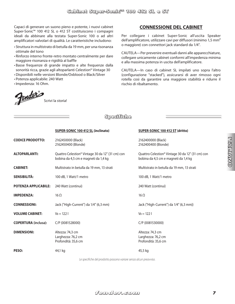 Connessione del cabinet | Fender Super Sonic 100 412 ST User Manual | Page 7 / 12