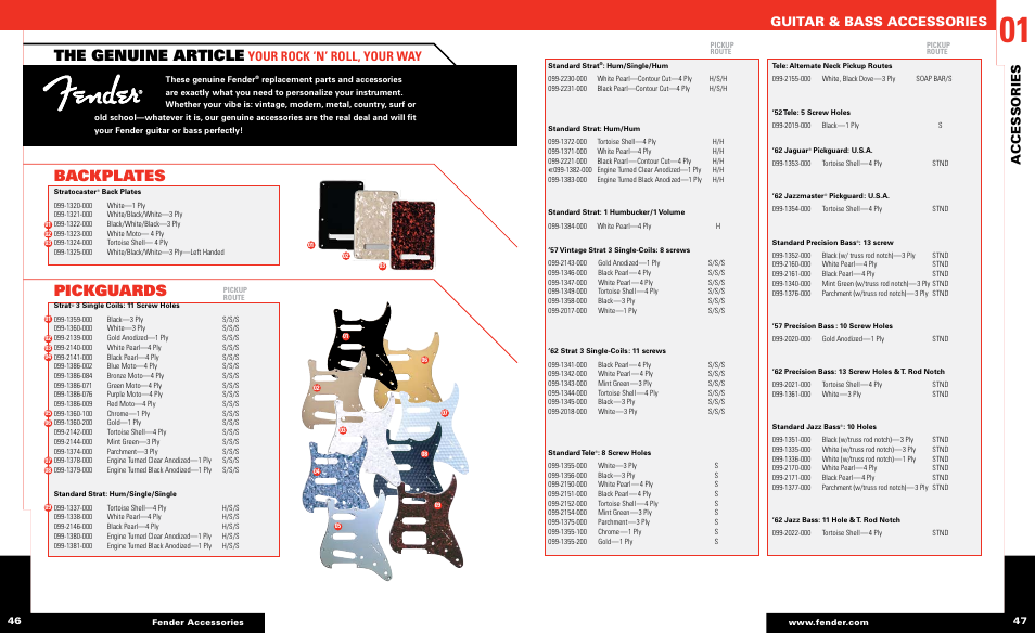 The genuine article, Backplates pickguards, Guitar & bass accessories | Accessories, Your rock ‘n’ roll, your way | Fender Guitar & Bass Accessories User Manual | Page 9 / 15