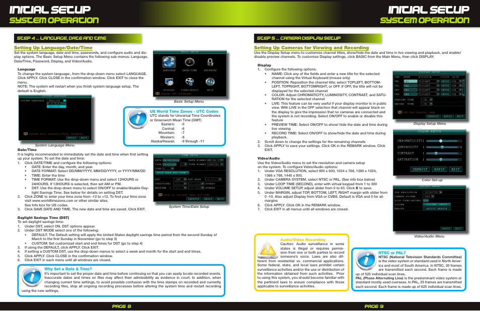 Initial setup, System operation | First Alert H.264 Digital DVD Pro-Dc8810-520/Pro-DC8410-520 User Manual | Page 5 / 7