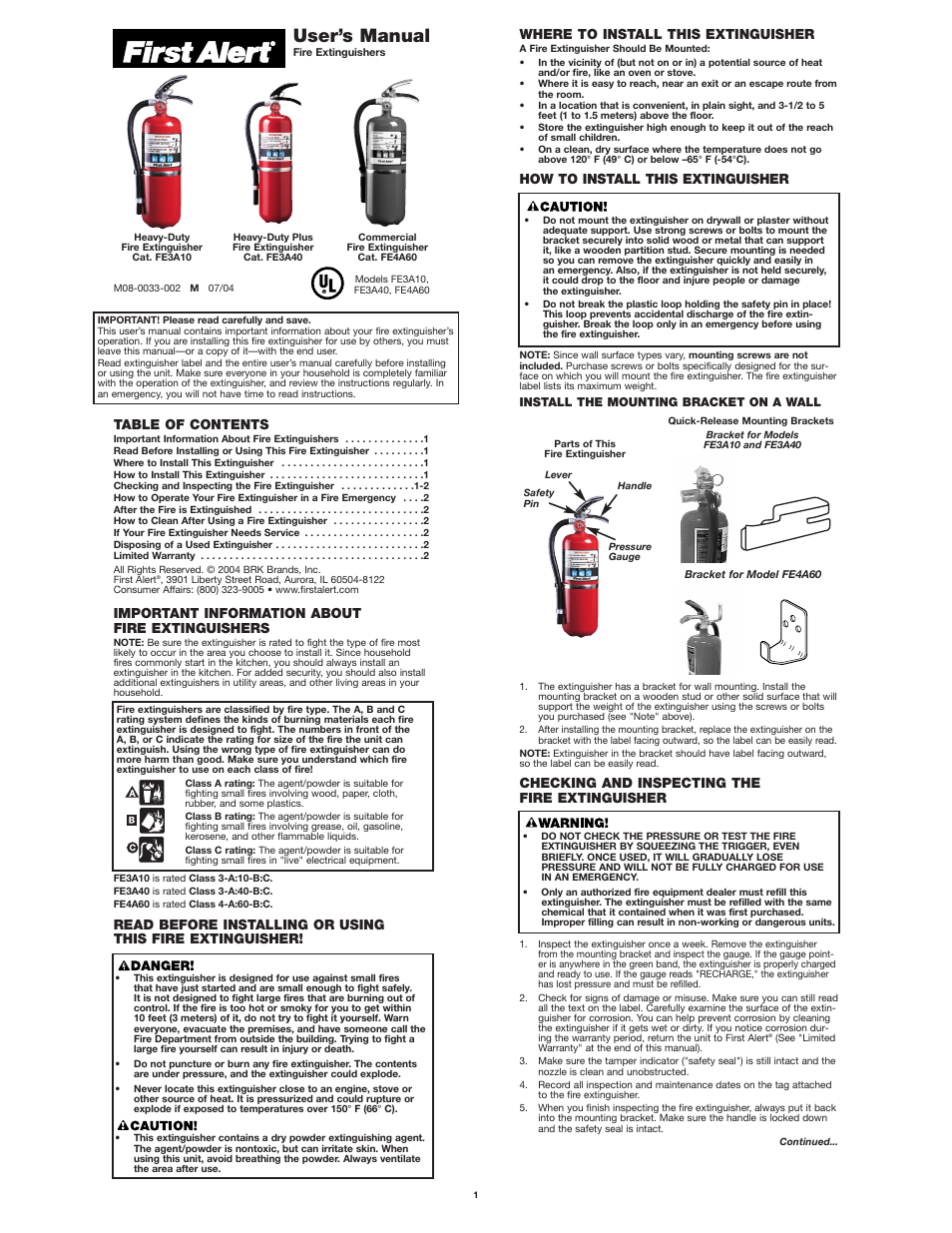 First Alert FE4A60 User Manual | 2 pages