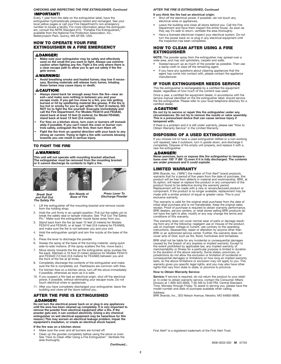 After the fire is extinguished, If your extinguisher needs service, Disposing of a used extinguisher | Limited warranty, How to clean after using a fire extinguisher | First Alert FE4A60 User Manual | Page 2 / 2