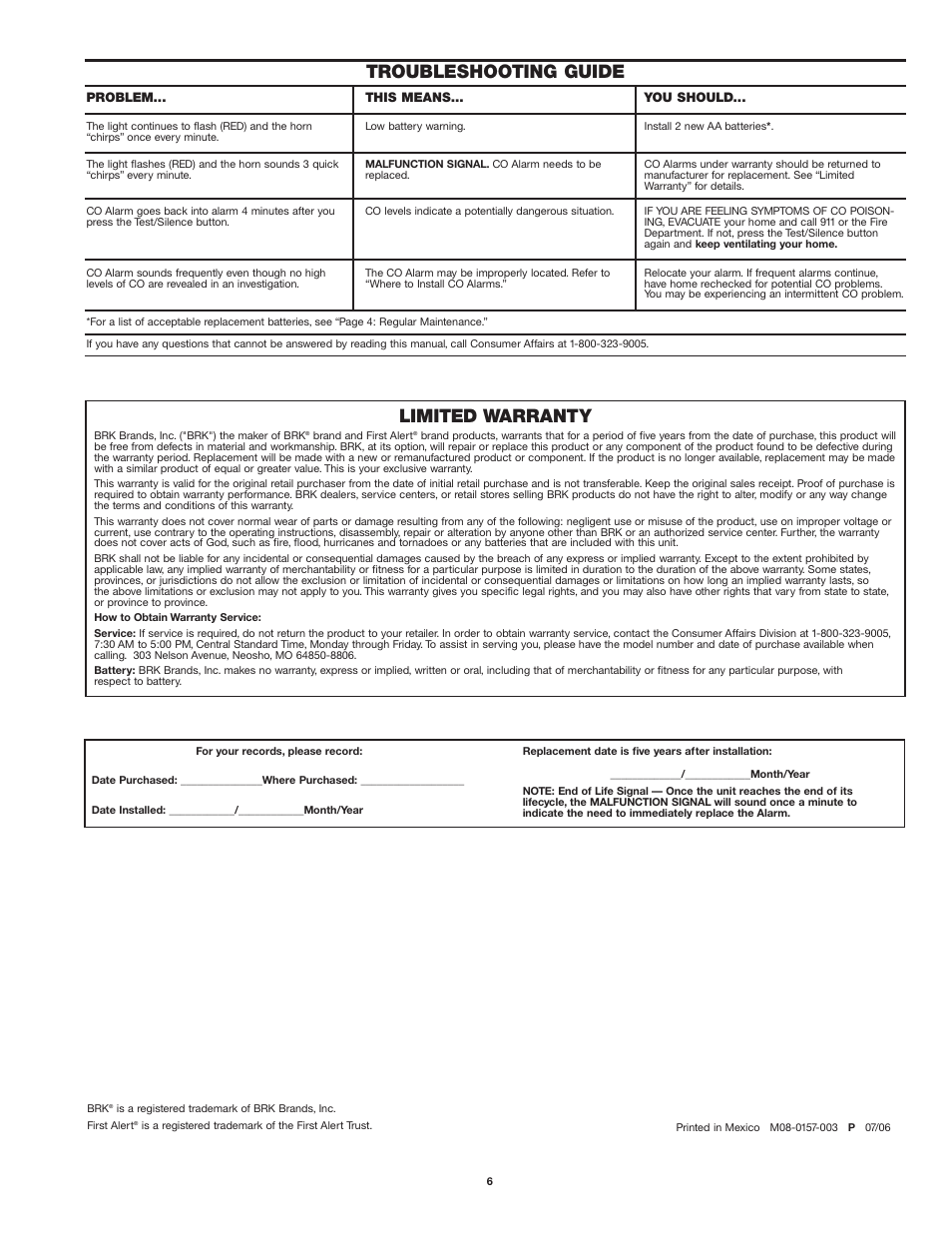 Limited warranty, Troubleshooting guide | First Alert CO410 User Manual | Page 6 / 6