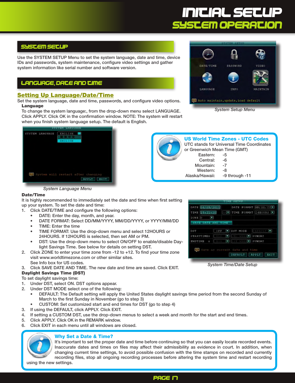 Language, date and time setup, Us world time zones - utc codes, Initial setup | System operation | First Alert H.264 Digital DVR PRO-D1610 User Manual | Page 17 / 48