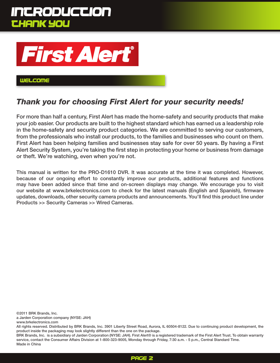 Introduction | First Alert H.264 Digital DVR PRO-D1610 User Manual | Page 2 / 48