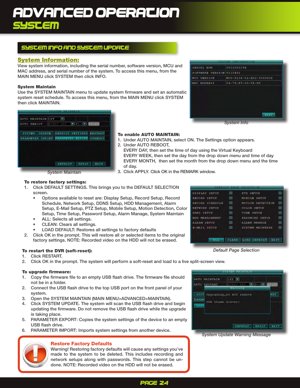 System, System info and system update, To upgrade firmware | Advanced operation | First Alert H.264 Digital DVR PRO-D1610 User Manual | Page 24 / 48