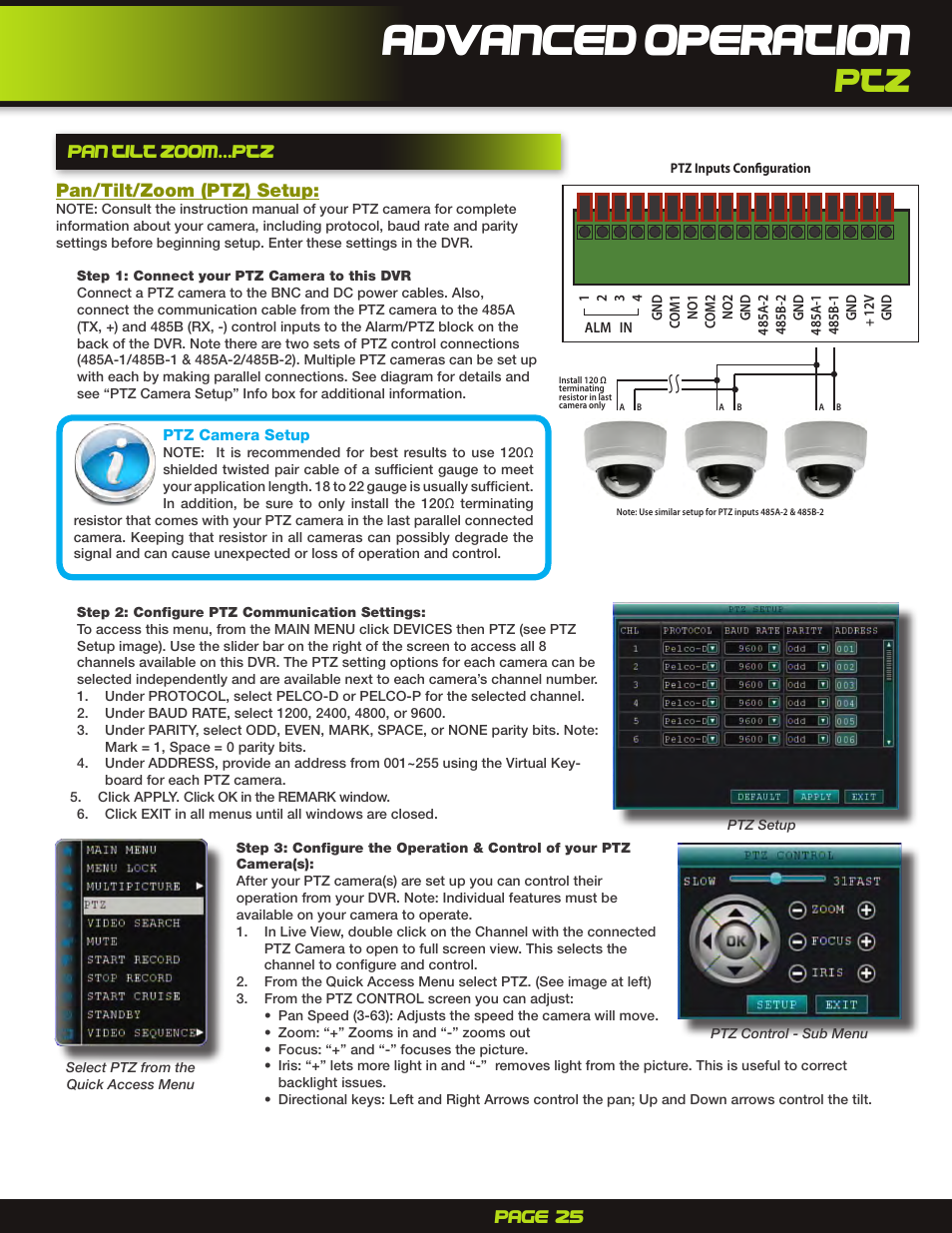 Ptz ...pan/tilt zoom camera setup, Step 1: connect your ptz camera to this dvr, Step 2: configure ptz communication settings | Advanced operation, Page 25, Pan tilt zoom...ptz pan/tilt/zoom (ptz) setup | First Alert H.264 Digital DVR PRO-D1610 User Manual | Page 25 / 48