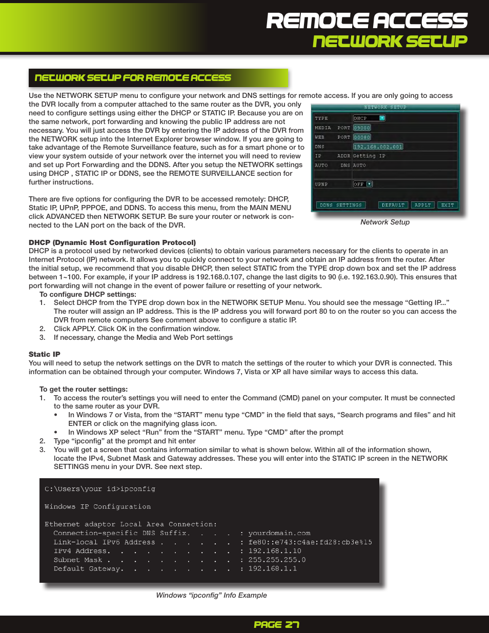 Remote access, Network setup for remote access, Dhcp (dynamic host configuration protocol) | Static ip, Network setup | First Alert H.264 Digital DVR PRO-D1610 User Manual | Page 27 / 48