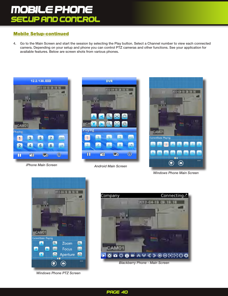 Mobile phone, Setup and control | First Alert H.264 Digital DVR PRO-D1610 User Manual | Page 40 / 48