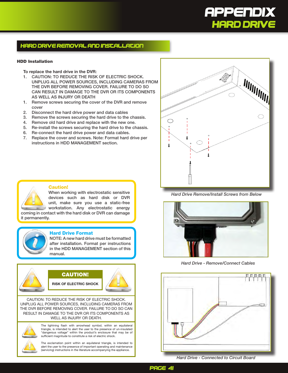 Appendix, Hard drive removal and installation, Hard drive | First Alert H.264 Digital DVR PRO-D1610 User Manual | Page 41 / 48