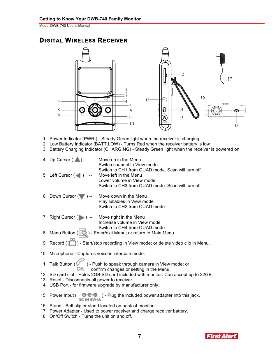 First Alert 2.5Color LCD Portable Wireless Family Monitor DWB-740 User Manual | Page 7 / 24