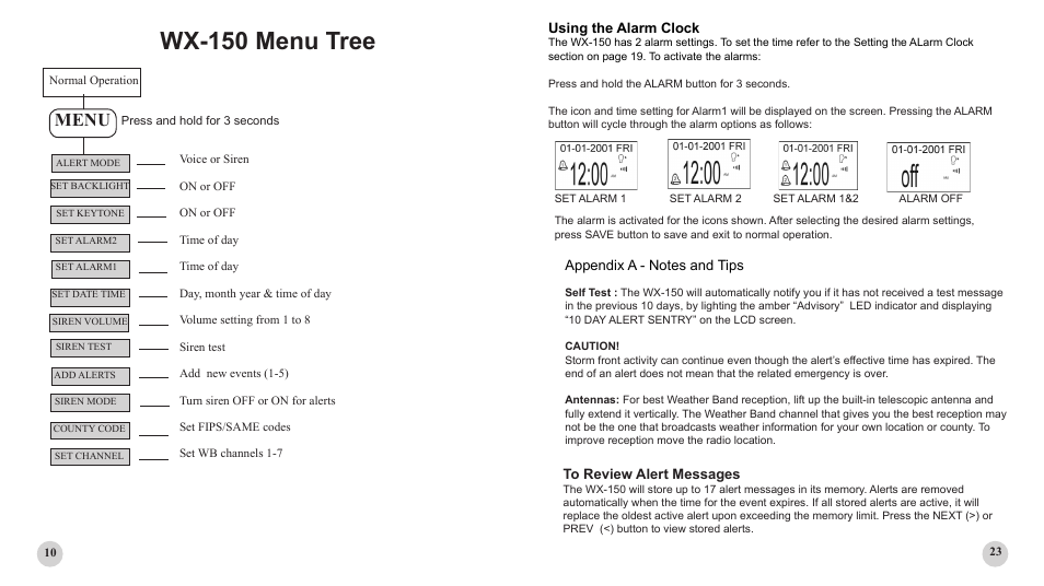 Wx-150 menu tree, Menu, Using the alarm clock | First Alert WX-150 User Manual | Page 10 / 16