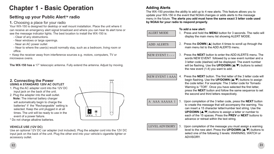 Chapter 1 - basic operation, Setting up your public alert, Radio | Choosing a place for your radio, Connecting the power, Adding alerts | First Alert WX-150 User Manual | Page 12 / 16