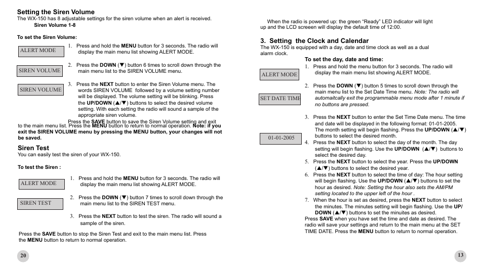 Setting the clock and calendar, Siren test, Setting the siren volume | First Alert WX-150 User Manual | Page 13 / 16