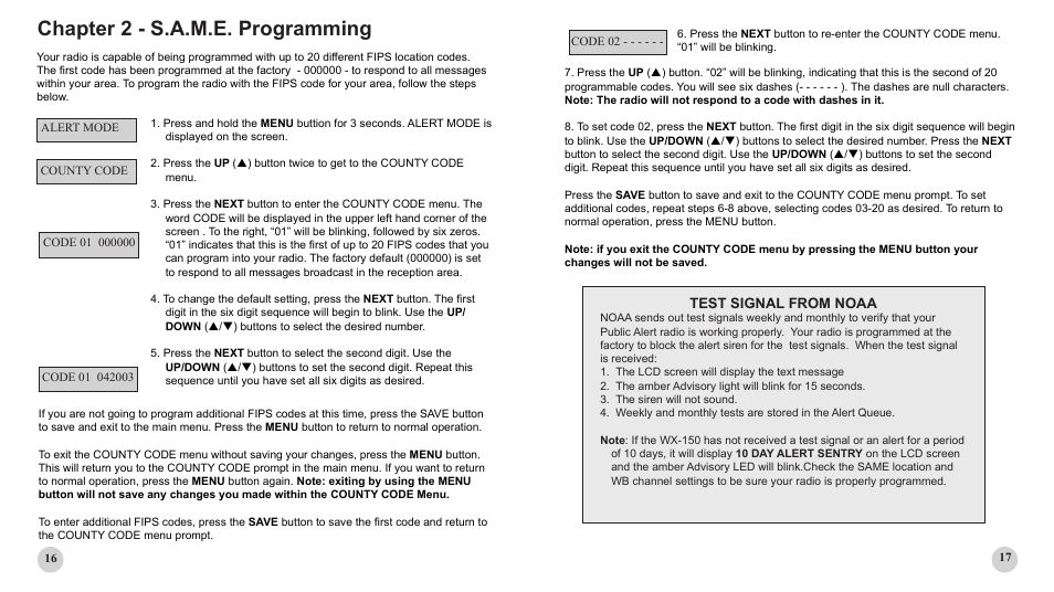 Chapter 2 - s.a.m.e. programming, Test signal from noaa | First Alert WX-150 User Manual | Page 16 / 16