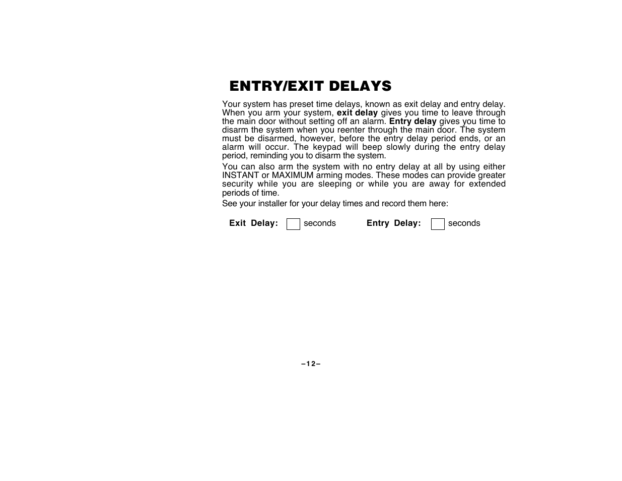 Entry/exit delays | First Alert FA120C User Manual | Page 12 / 44