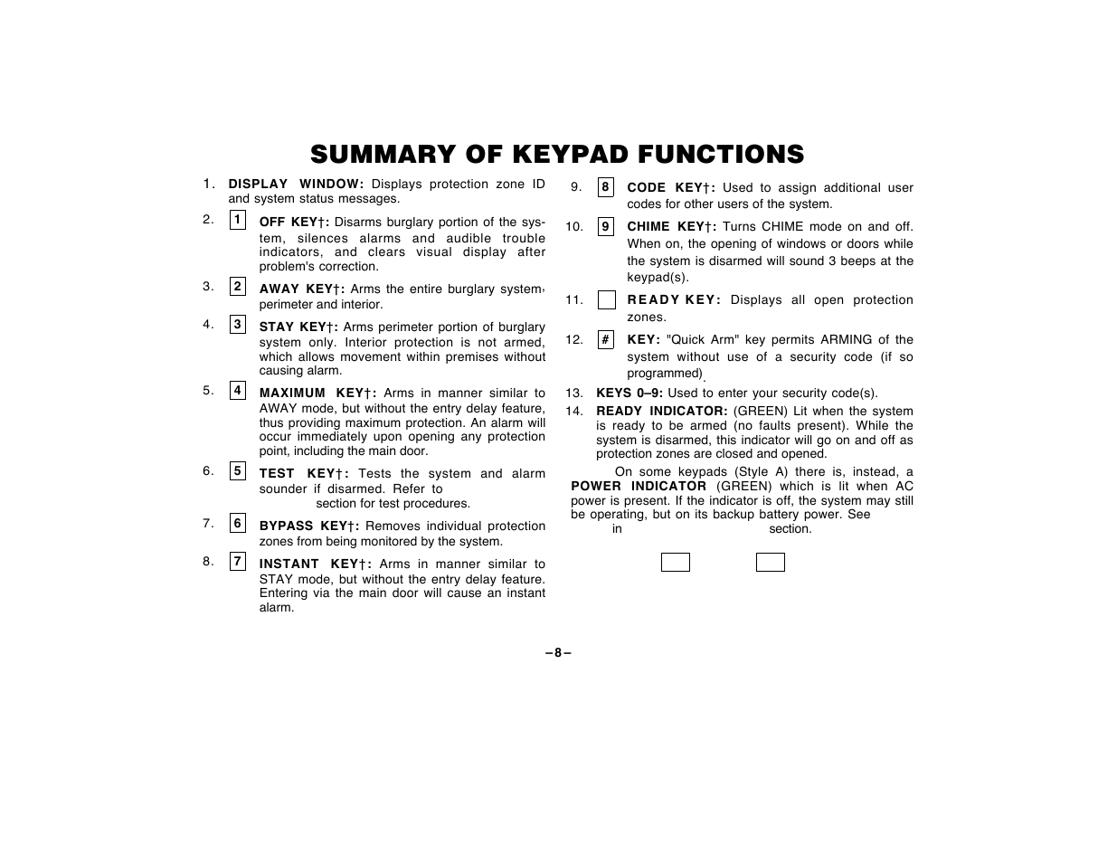 Summary of keypad functions | First Alert FA120C User Manual | Page 8 / 44