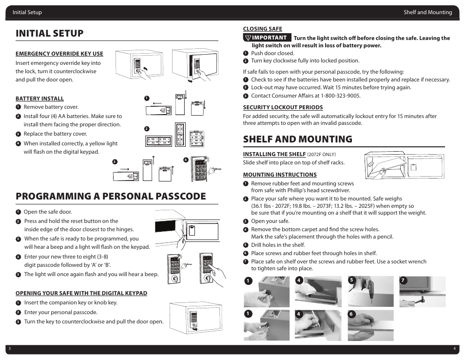 Initial setup, Programming a personal passcode, Shelf and mounting | A+ aa, Remove battery cover, Replace the battery cover, Open the safe door, Insert the companion key or knob key, Enter your personal passcode, Push door closed | First Alert Digital Anti-Theft Safe 2025F User Manual | Page 3 / 5