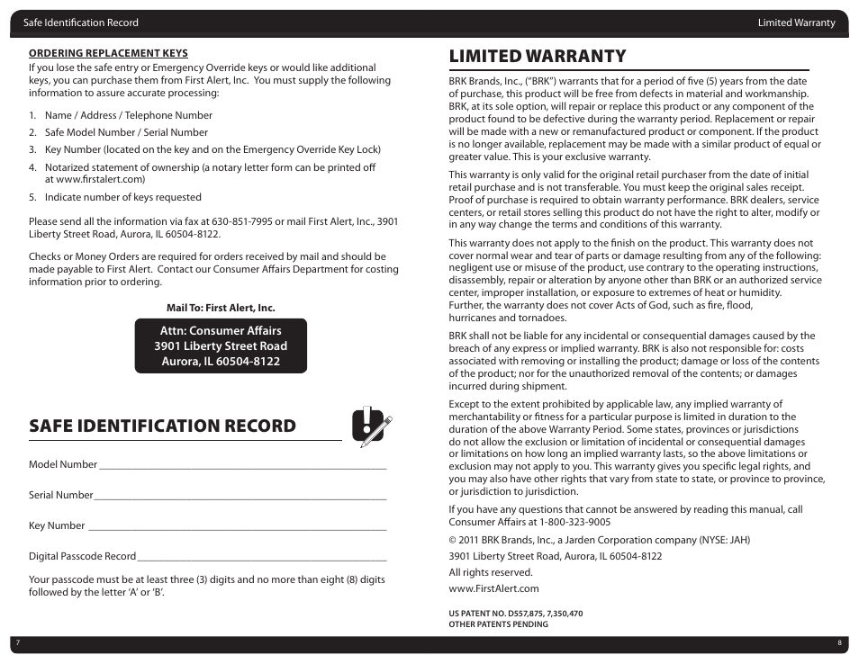 Safe identification record, Limited warranty | First Alert Digital Anti-Theft Safe 2025F User Manual | Page 5 / 5