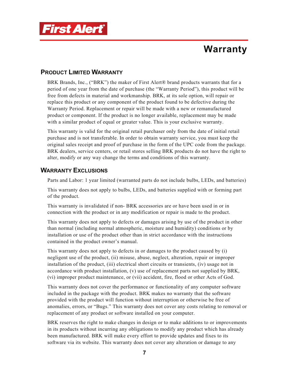 Warranty | First Alert P-500 User Manual | Page 11 / 12
