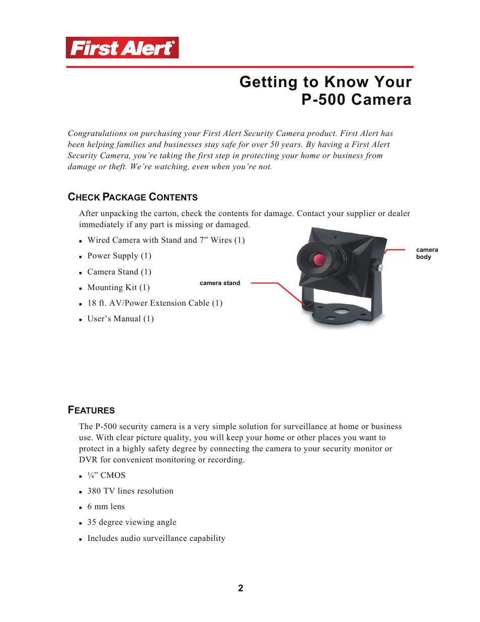 Getting to know your p-500 camera | First Alert P-500 User Manual | Page 6 / 12