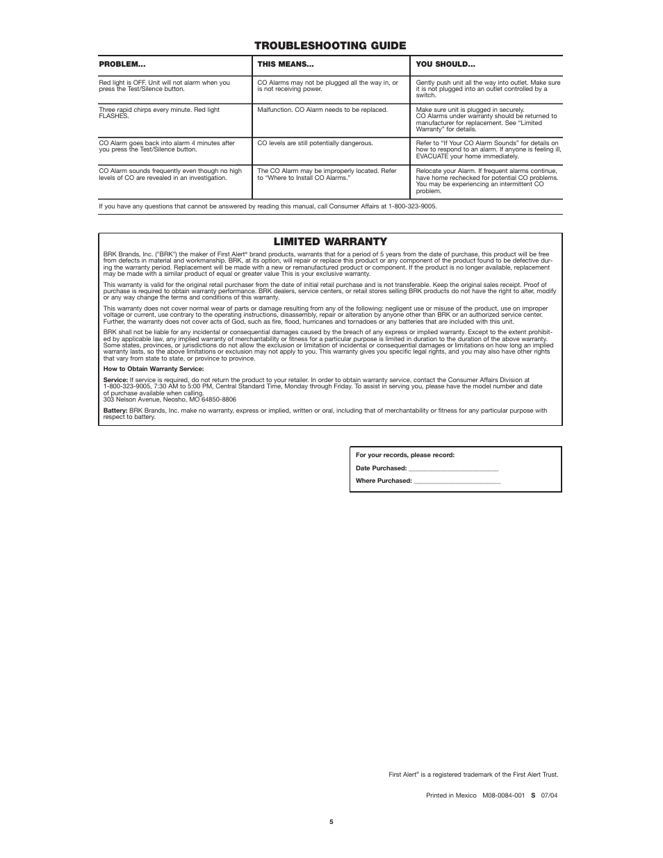 Limited warranty, Troubleshooting guide | First Alert FCD2B User Manual | Page 5 / 5