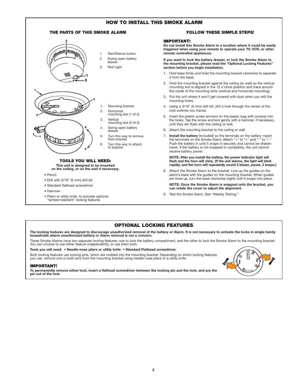 How to install this smoke alarm, Optional locking features | First Alert SA302 User Manual | Page 2 / 6
