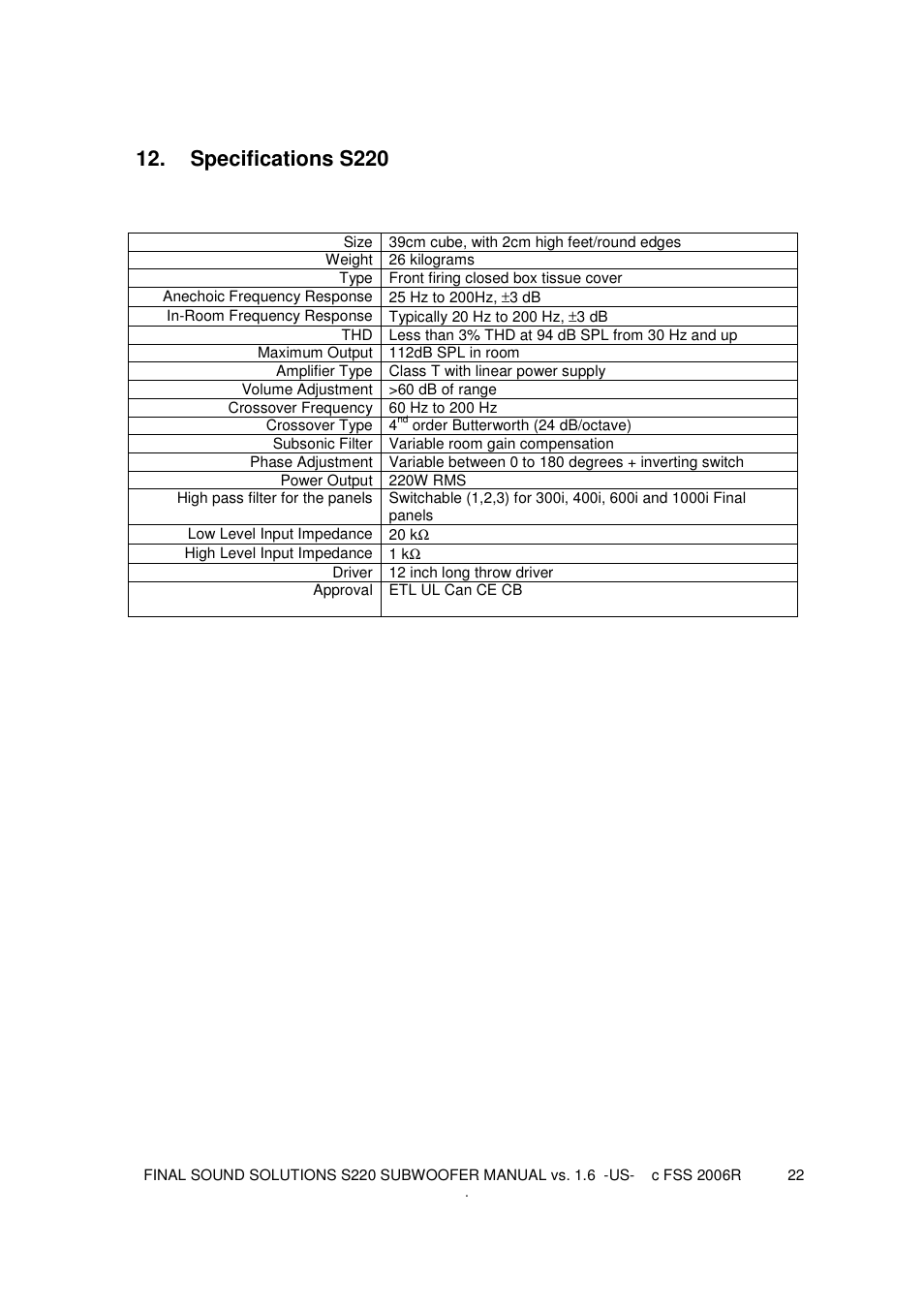 Specifications s220 | Final Sound S220 User Manual | Page 22 / 26