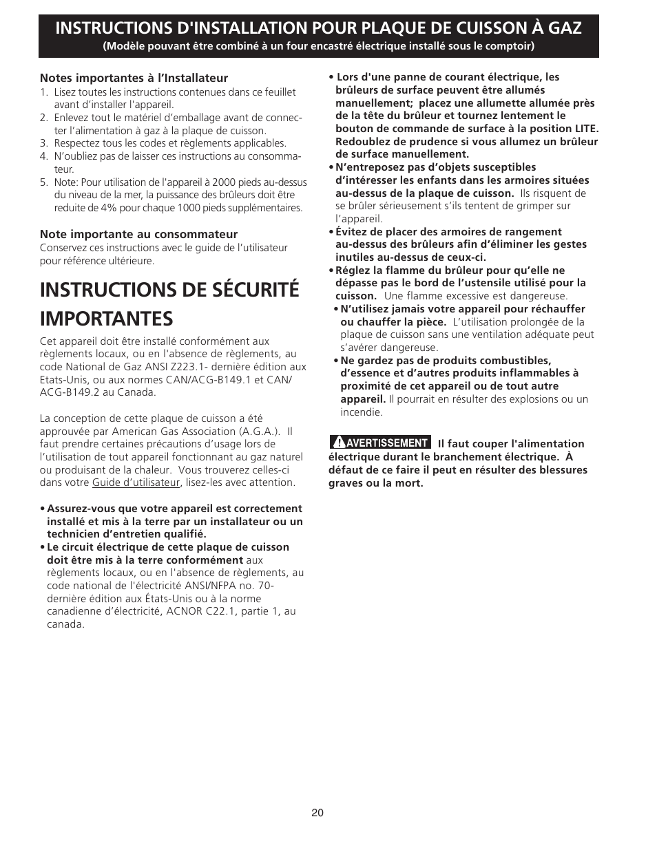 Instructions de sécurité importantes | FRIGIDAIRE FGC36S5EC User Manual | Page 20 / 28
