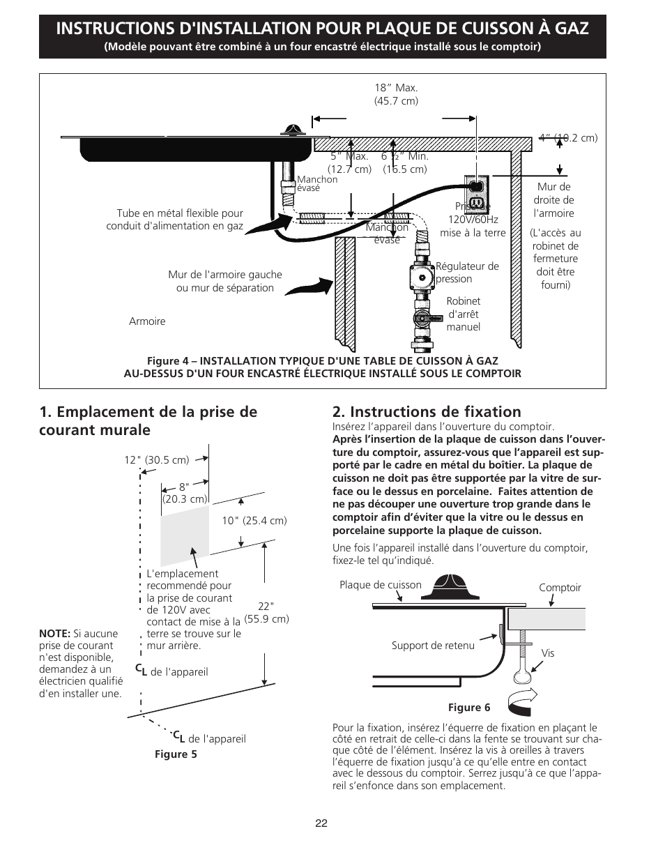 Emplacement de la prise de courant murale, Instructions de fixation | FRIGIDAIRE FGC36S5EC User Manual | Page 22 / 28