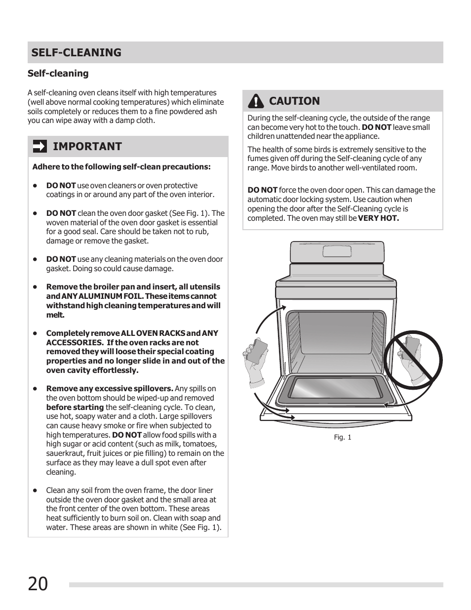 Self-cleaning, Caution, Important | FRIGIDAIRE 316901309 User Manual | Page 20 / 28