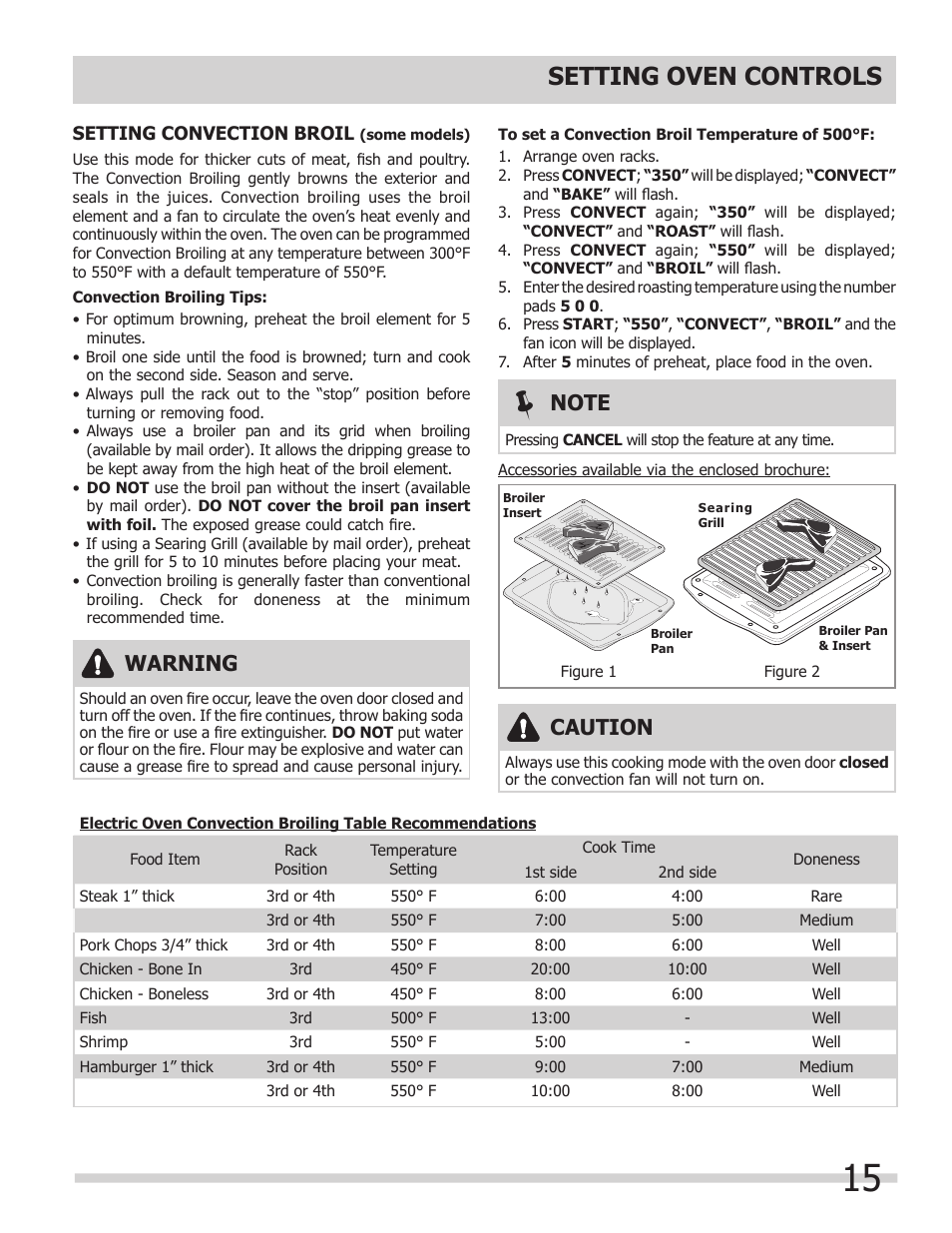 Setting oven controls, Warning, Caution | FRIGIDAIRE 318205303 User Manual | Page 15 / 28
