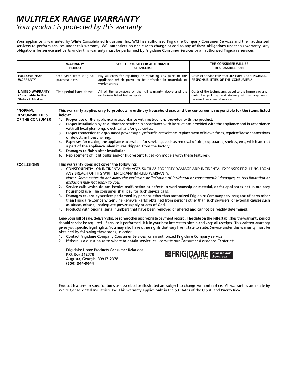 Multiflex range warranty, Your product is protected by this warranty | FRIGIDAIRE 316000642 User Manual | Page 20 / 20