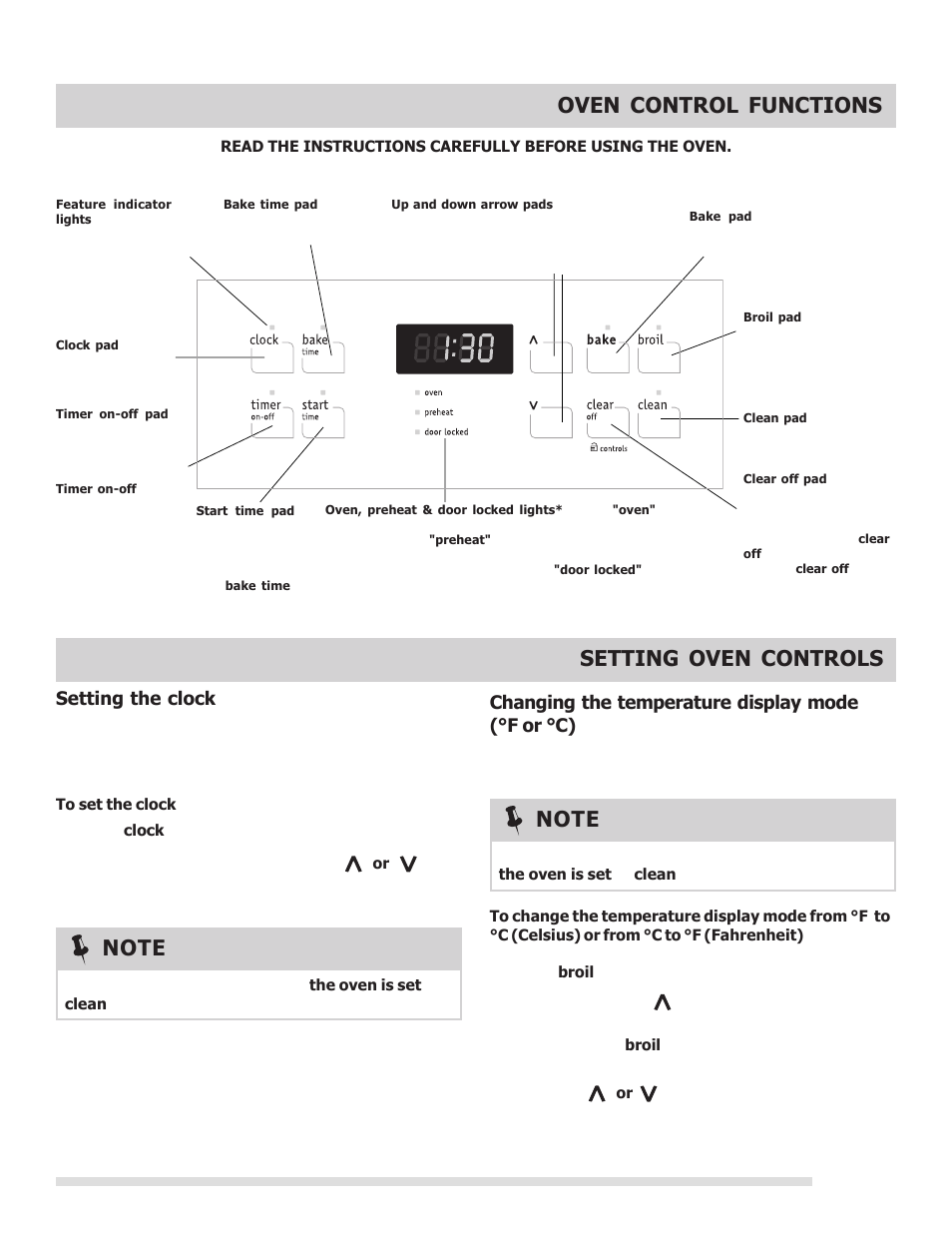 Oven control functions, Setting oven controls, Setting the clock | Changing the temperature display mode (°f or °c) | FRIGIDAIRE 316901213 User Manual | Page 11 / 24