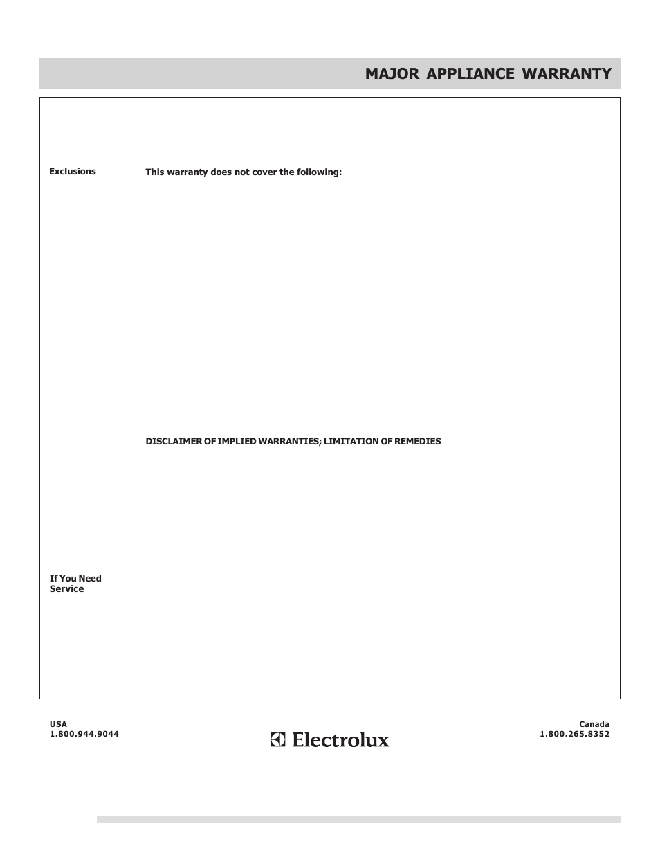Major appliance warranty | FRIGIDAIRE 316901213 User Manual | Page 24 / 24