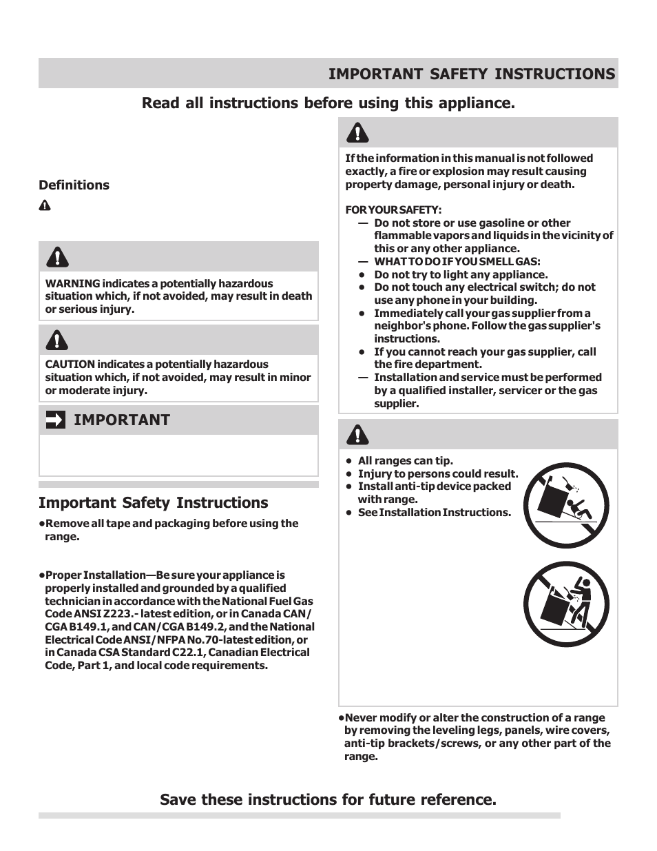 Read all instructions before using this appliance, Important, Caution | Important safety instructions warning, Warning | FRIGIDAIRE 316901213 User Manual | Page 3 / 24